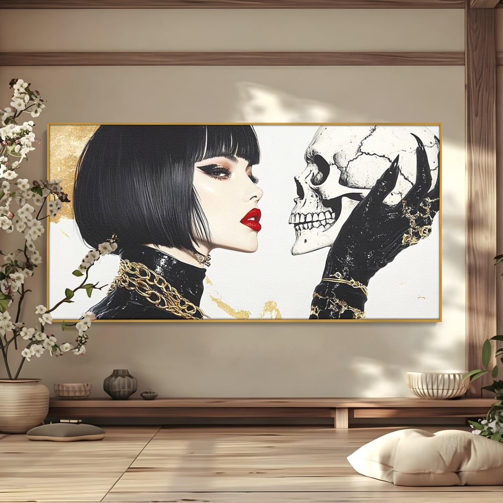 Tablou canvas cu ilustratie digitala cu femeie si craniu, in rama de aluminiu auriu